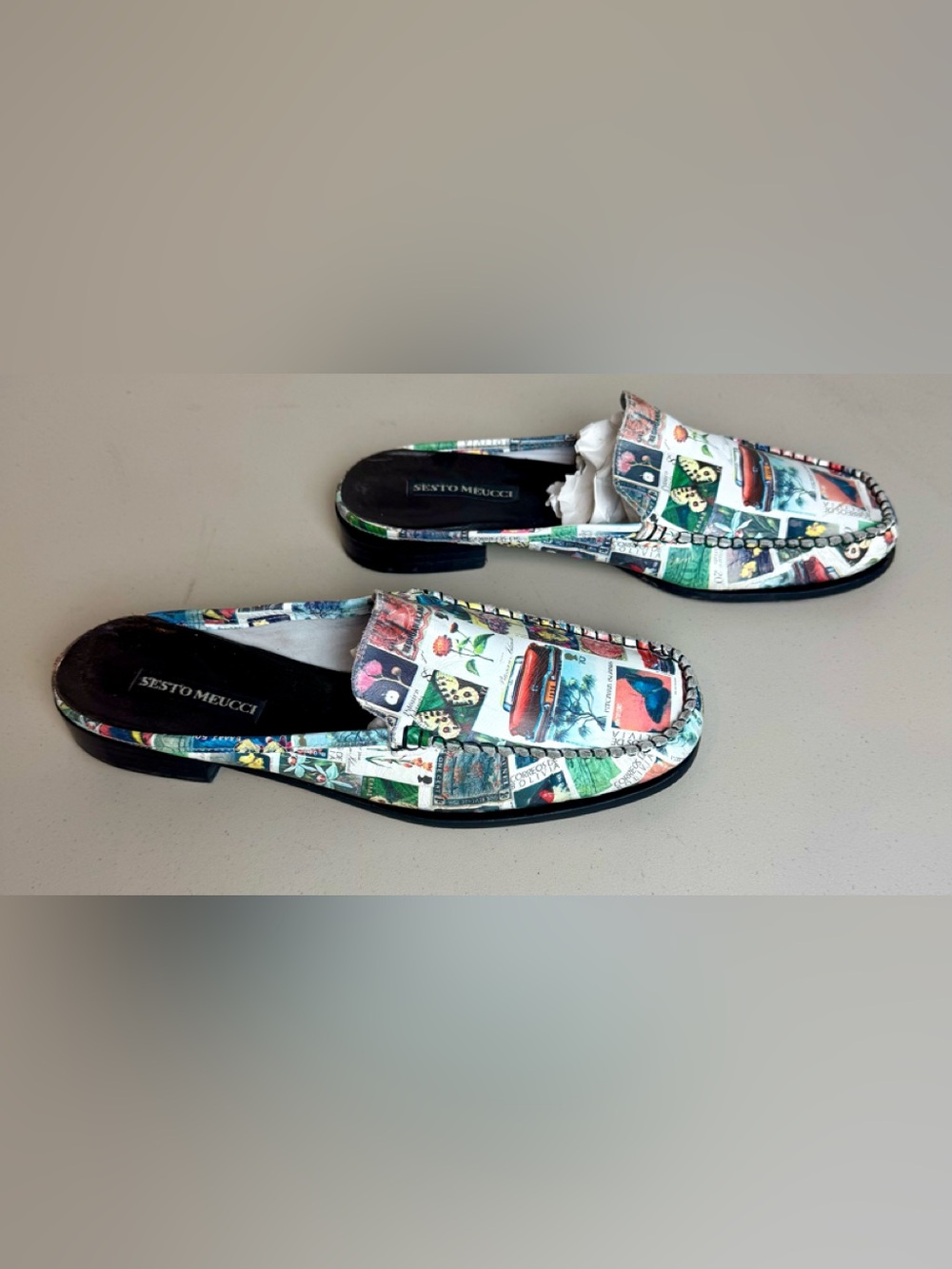 Vintage Sesto Meucci Made In Italy Postage Stamp Print Moccasins Mules Size 9.5